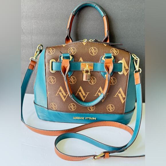 Adrianne Vittadini Signature Collection Dome Satchel w/Lock Chocolate Teal Bag - Picture 1 of 13
